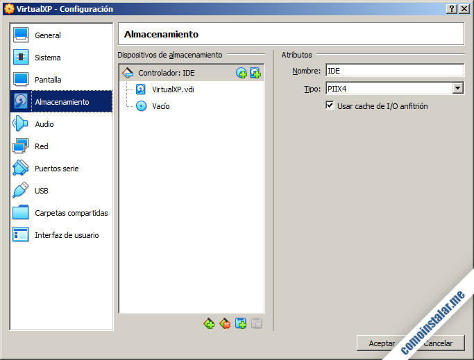 como configurar el almacenamiento de la maquina virtual