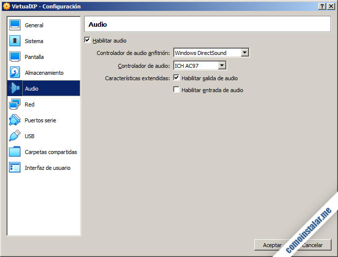 como configurar el audio de la maquina virtual