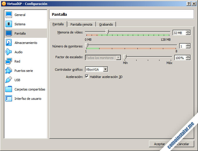 como configurar la pantalla de la maquina virtual