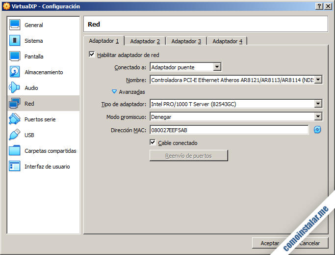 como configurar el adaptador de red de la maquina virtual