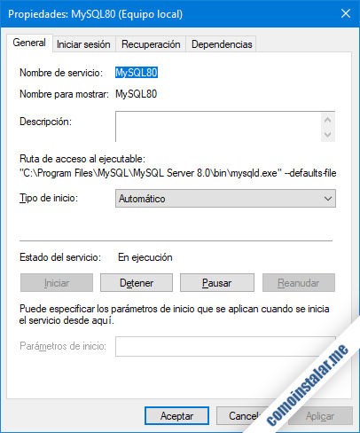 servicio mysql server en windows