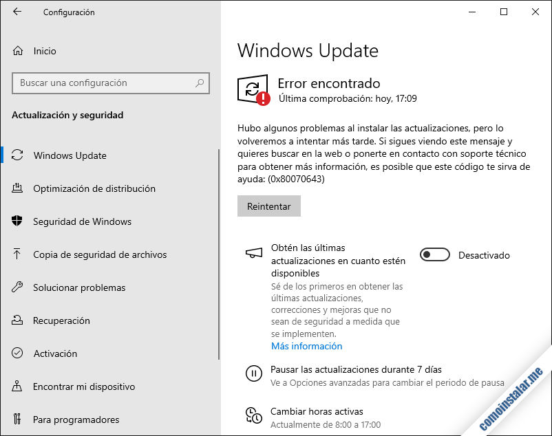 error 0x80070643 de windows update en windows 10