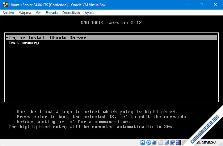 instalar ubuntu server 24.04 lts en virtualbox