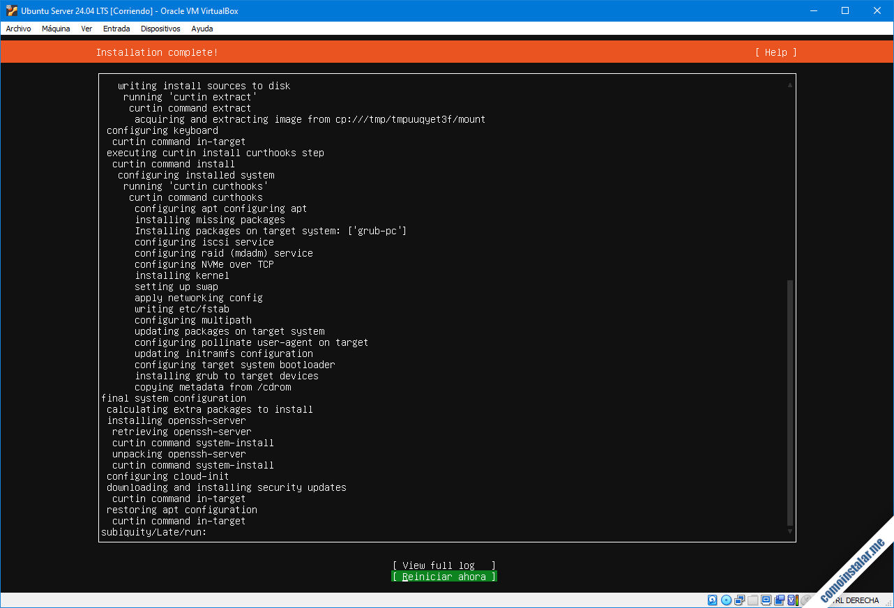 fin de la instalacion de ubuntu server 24.04 lts (noble numbat) en virtualbox