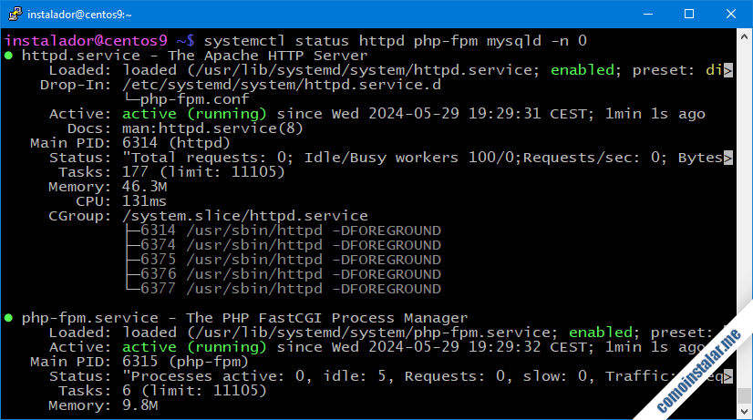 como instalar la pila lamp en centos 9