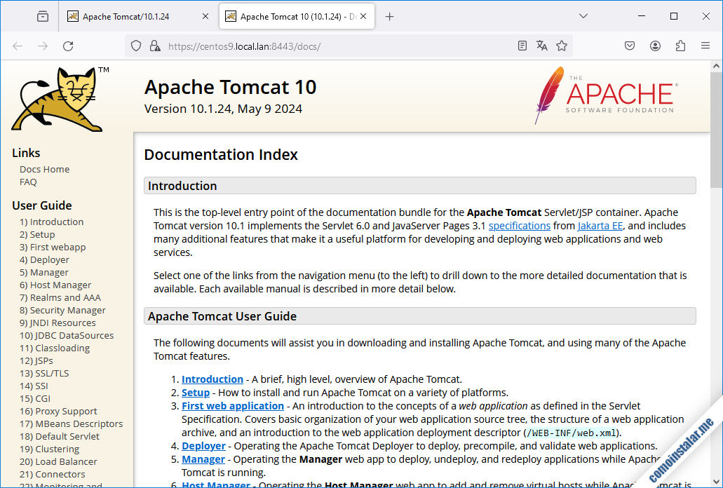 documentacion local de tomcat 10 sobre centos 9